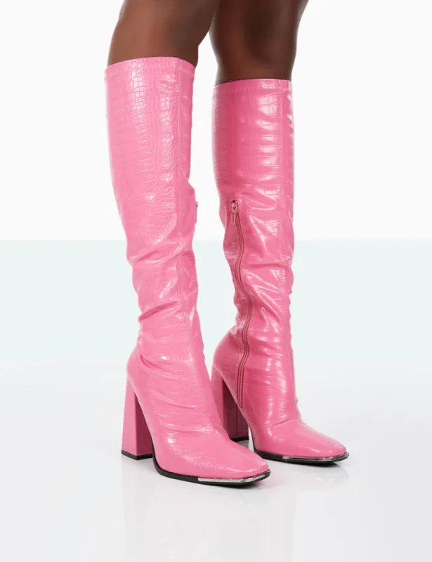 Caryn Pink Croc PU Knee High Block Heeled Boots sold by Public Desire