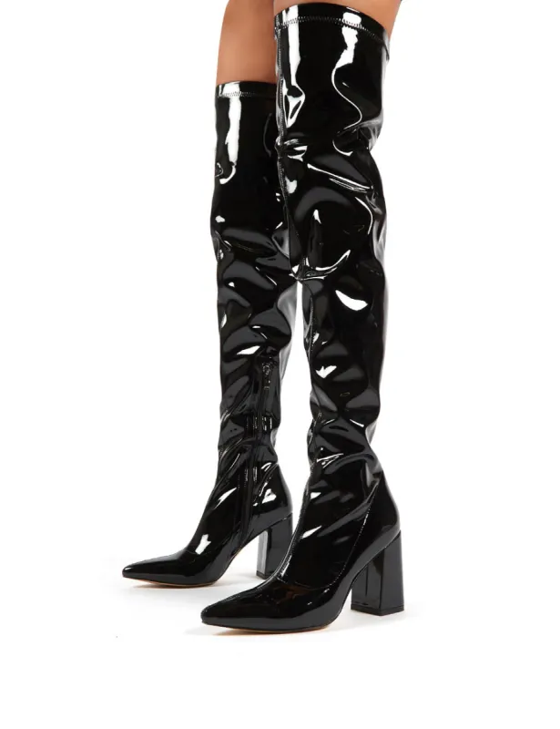 Damn Black PU Thigh High Heeled Boots sold by Public Desire