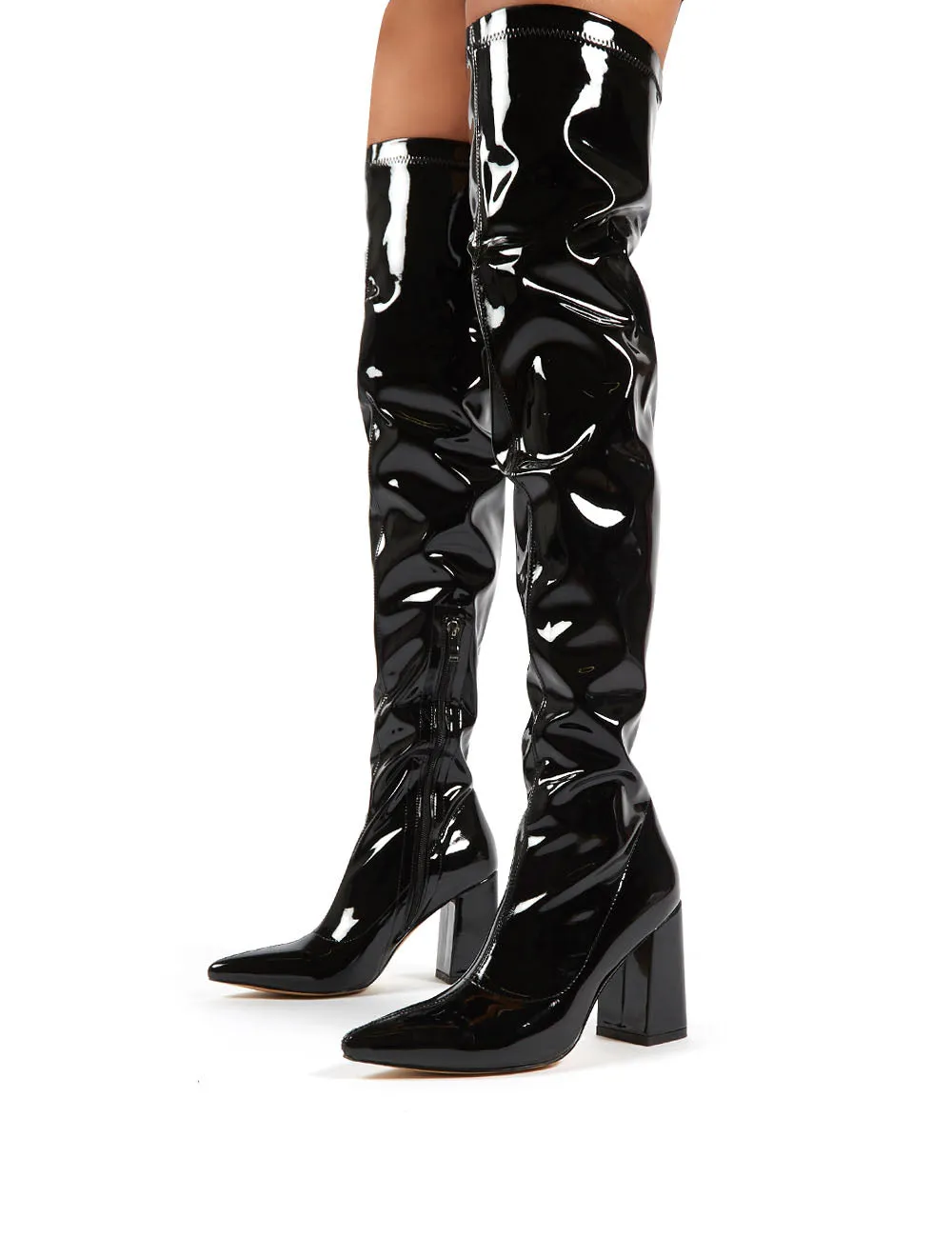 Damn Black PU Thigh High Heeled Boots sold by Public Desire