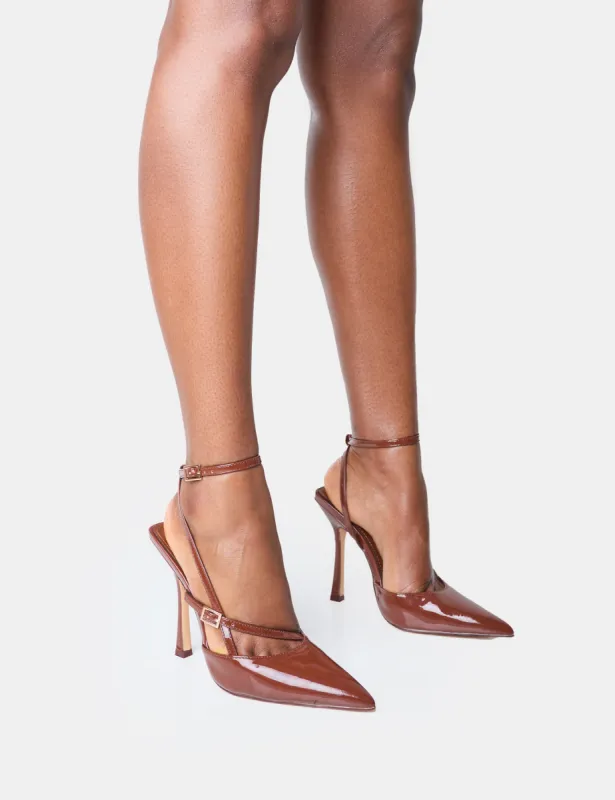 Idol Chocolate Patent Buckle Strappy Detail Stiletto Court High Heels sold by Public Desire