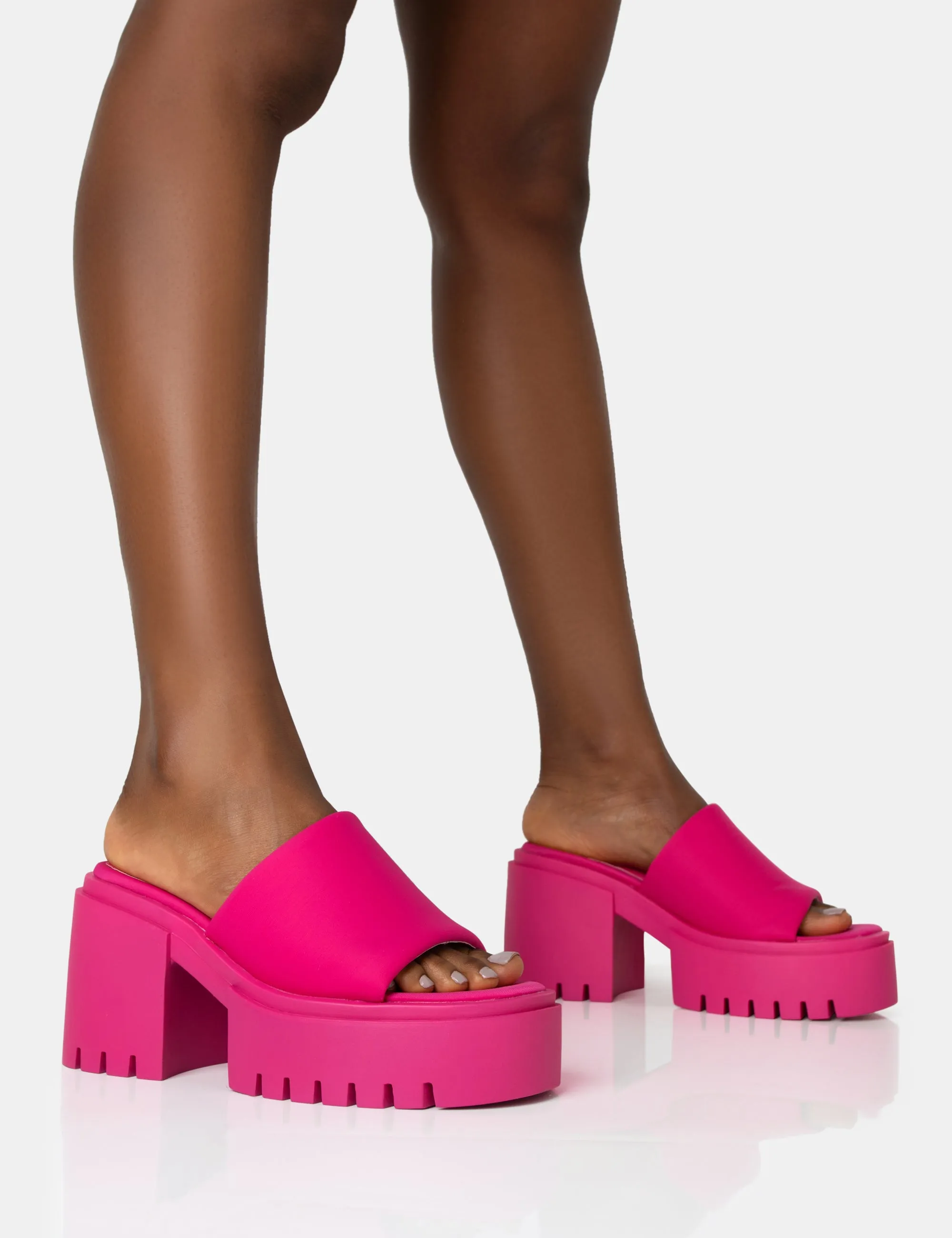 Sabeena Pink Chunky Mule Round Toe Mid Heel Sandals sold by Public Desire
