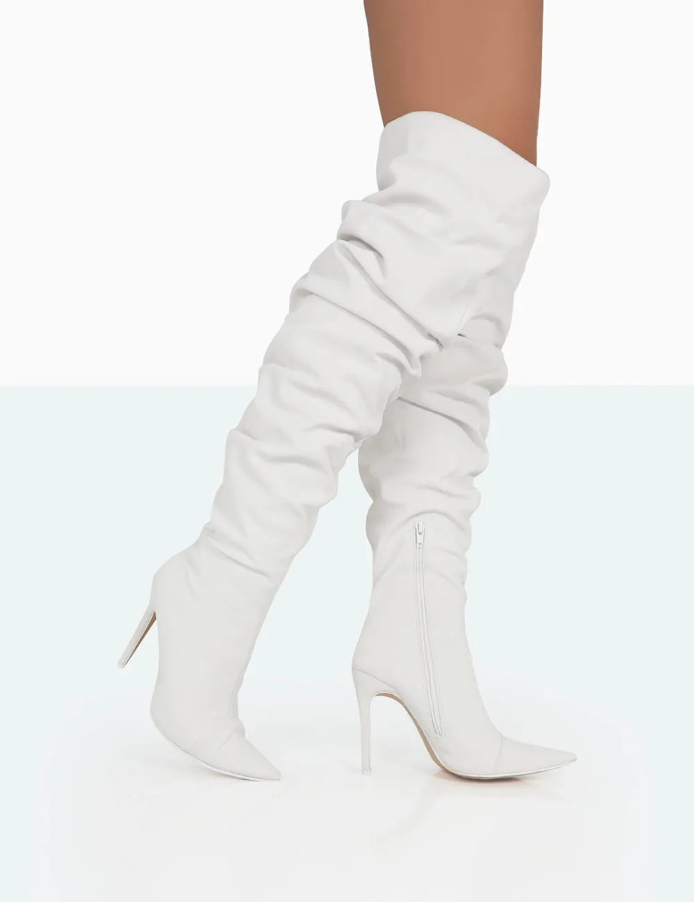 Lariza Off White Faux Suede Pointed Toe Stiletto Over the Knee Boots sold by Public Desire