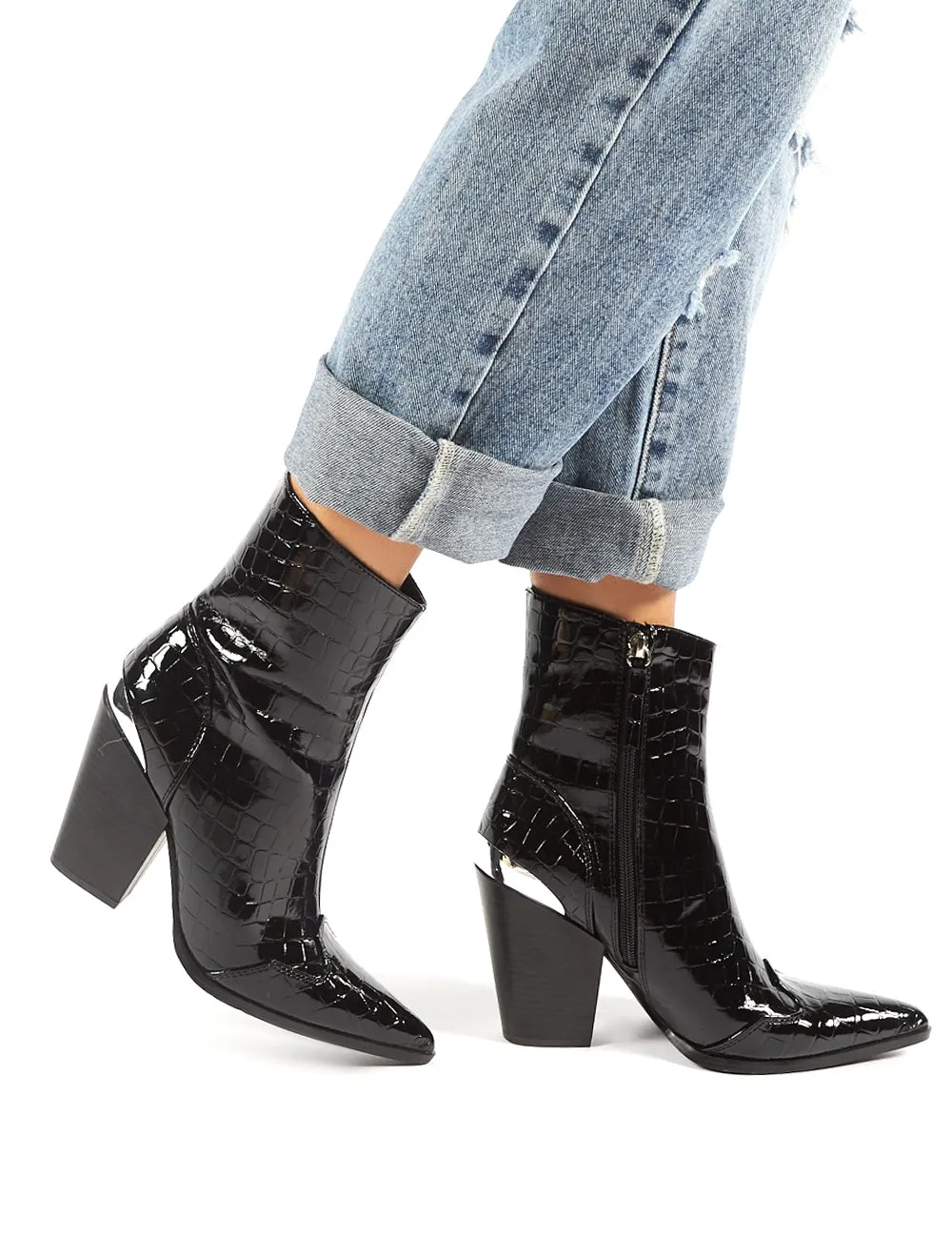 Heidi Black Patent Croc Block Heeled Western Ankle Boots sold by Public Desire product image thumbnail 3