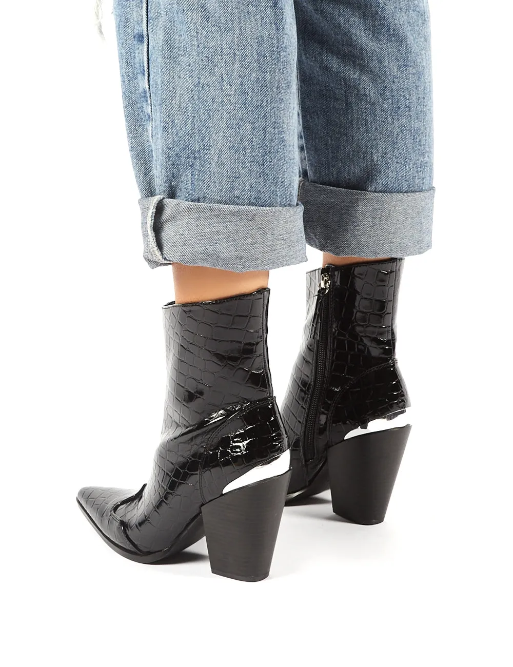 Heidi Black Patent Croc Block Heeled Western Ankle Boots sold by Public Desire product image thumbnail 4