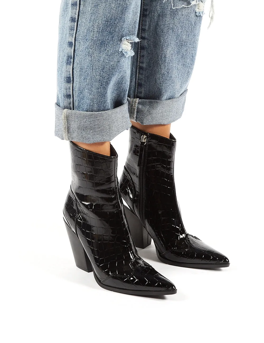 Heidi Black Patent Croc Block Heeled Western Ankle Boots sold by Public Desire product image thumbnail 5
