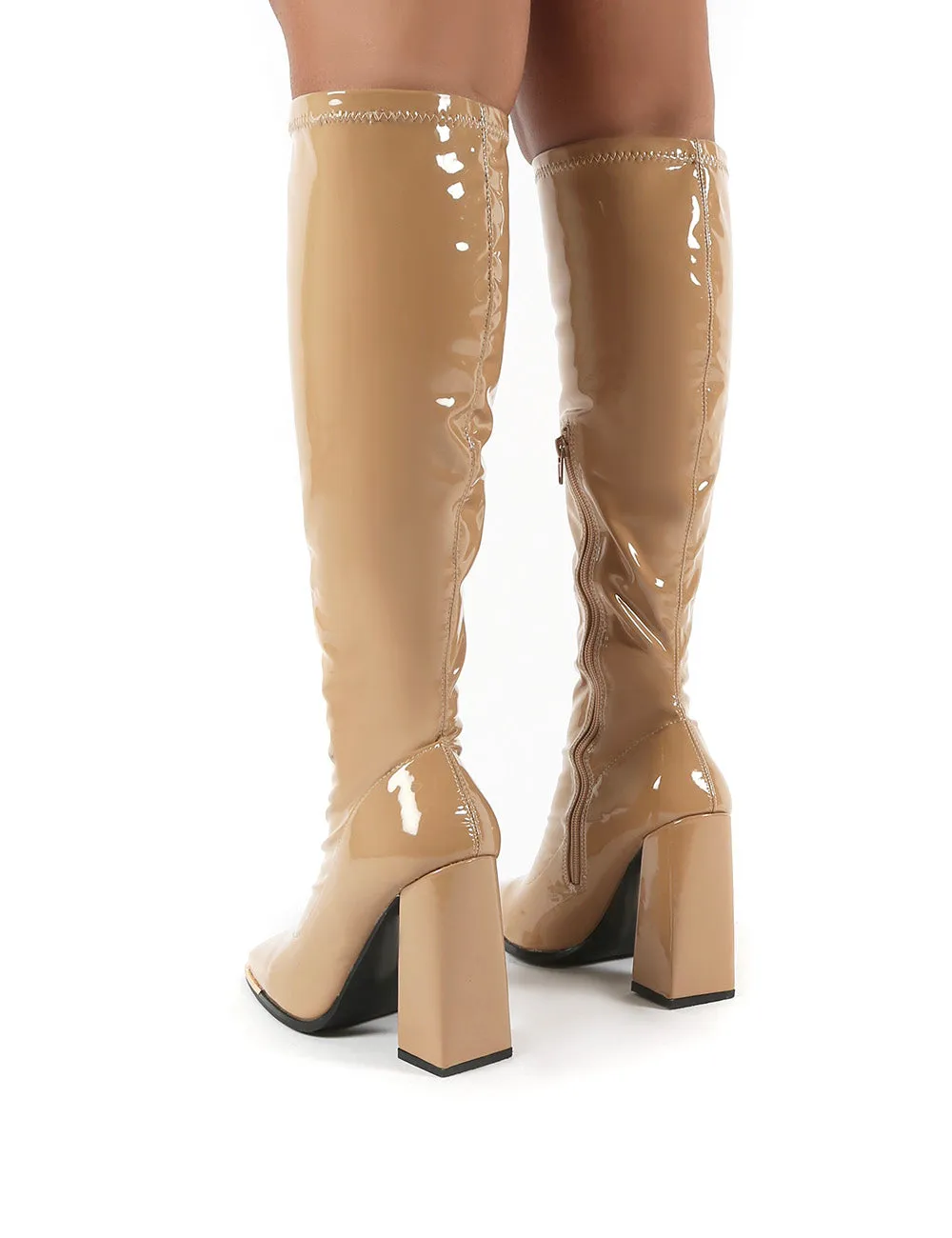Caryn Camel Vinyl Wide Fit Knee High Heeled Boot sold by Public Desire product image thumbnail 2