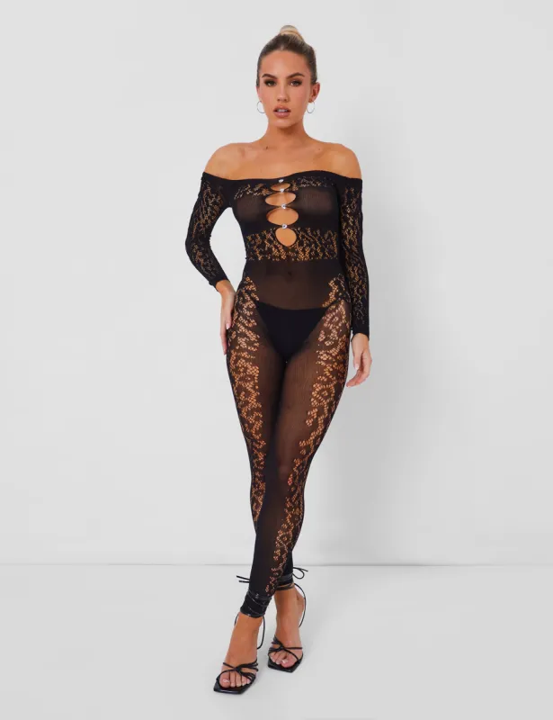 Mesh Lace Panel Unitard Black sold by Public Desire