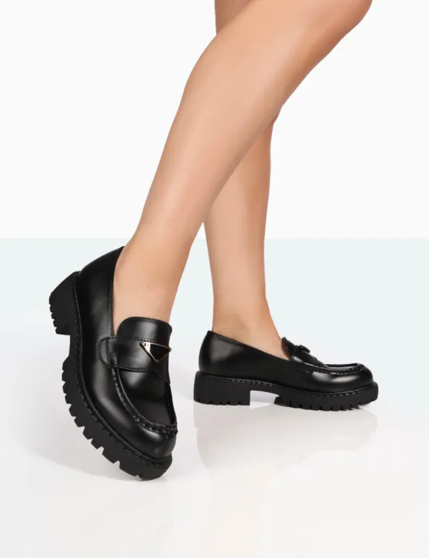 Ziggy Black PU Triangle Badge Chunky Sole Loafers sold by Public Desire