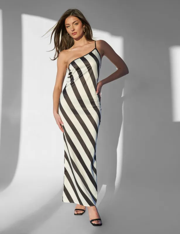 Kaiia One Shoulder Maxi Dress Monochrome Stripe sold by Public Desire