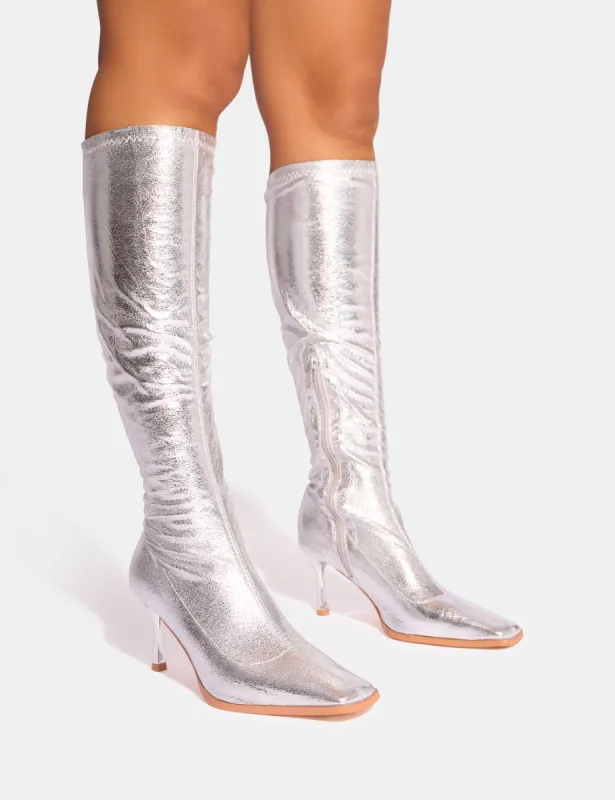 Scorpion Cracked Silver Mid Heel Sock Knee High Boots sold by Public Desire