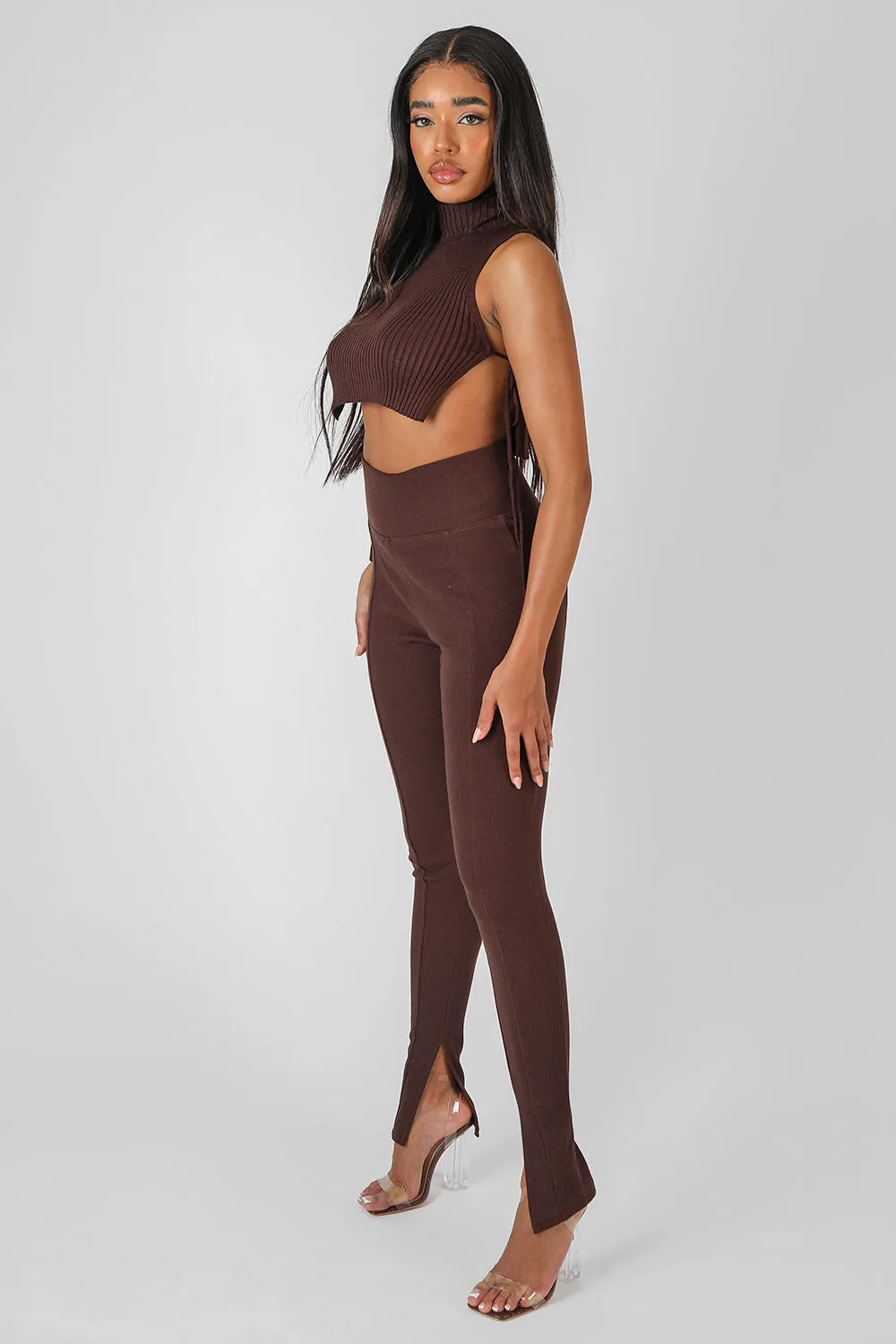 Split Hem Ribbed Legging Chocolate sold by Public Desire product image thumbnail 4