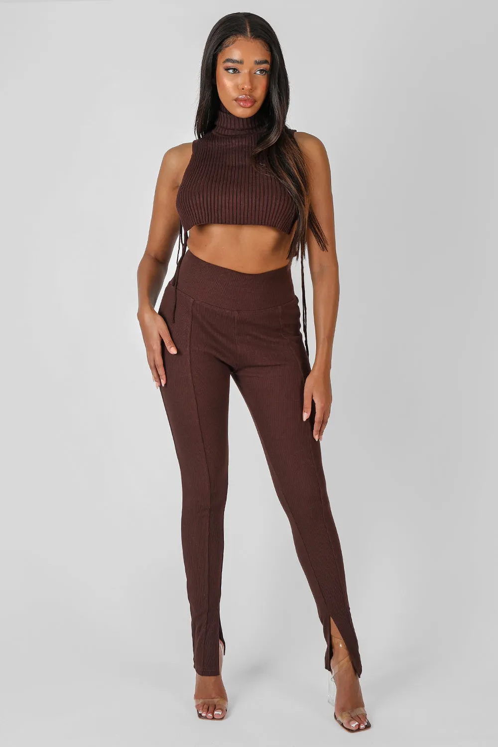 Split Hem Ribbed Legging Chocolate sold by Public Desire