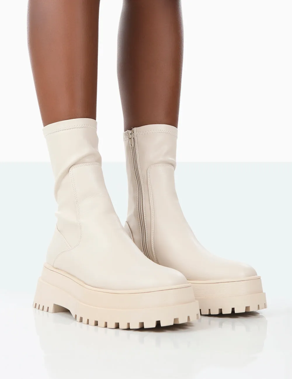 Rusty Bone Pu Chunky Sole Platform Sock Ankle Boots sold by Public Desire