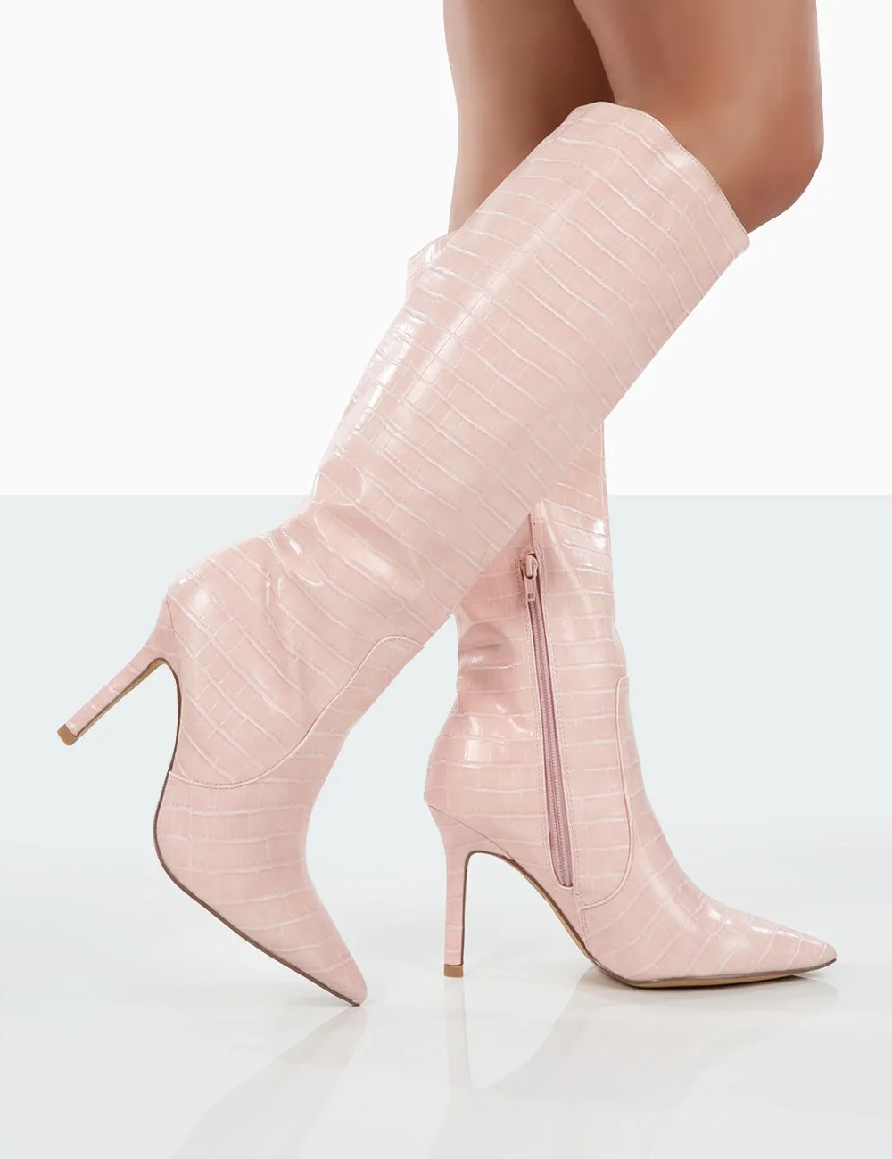 Rosalie Wide Fit Pink Croc Heeled Pointed Toe Knee High Boots sold by Public Desire product image thumbnail 4