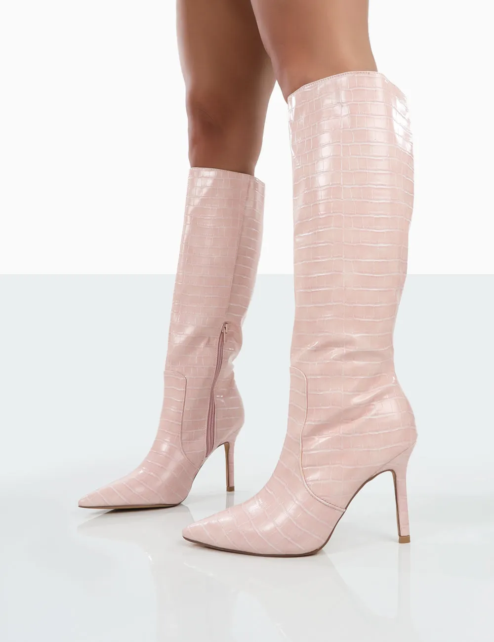 Rosalie Wide Fit Pink Croc Heeled Pointed Toe Knee High Boots sold by Public Desire product image thumbnail 3