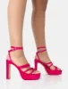 Viola Hot Pink Satin Strappy Square Toe Platform Flat Block Heels sold by Public Desire