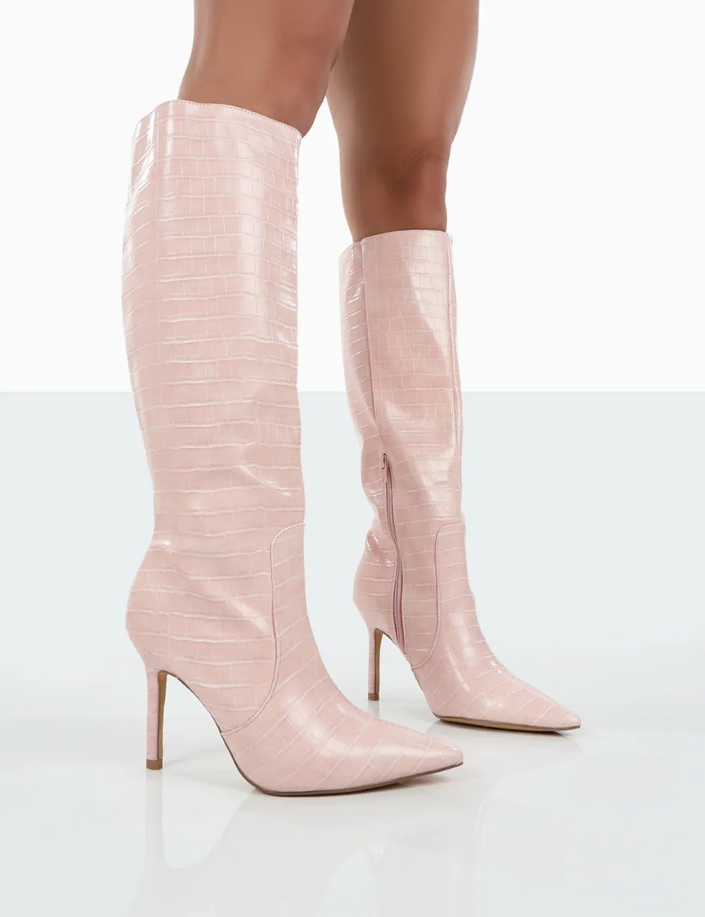 Rosalie Wide Fit Pink Croc Heeled Pointed Toe Knee High Boots sold by Public Desire