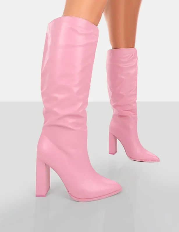 Far Away Pink Grain PU Square Toe Knee High Block Boots made by Public Desire