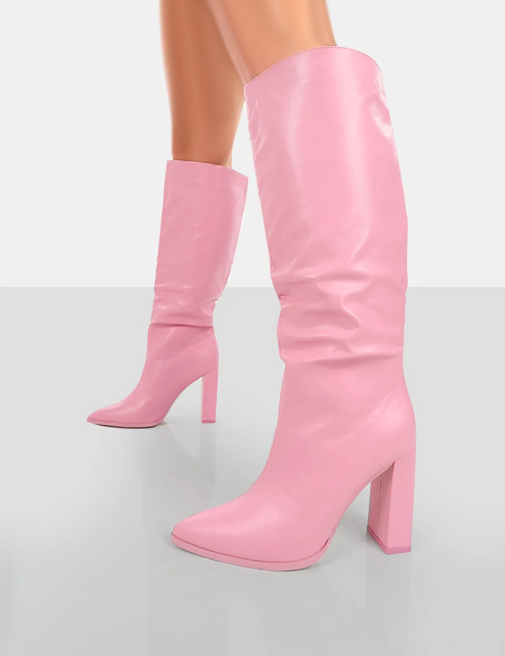 Far Away Pink Grain PU Square Toe Knee High Block Boots sold by Public Desire product image thumbnail 3