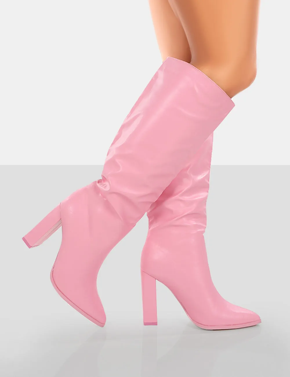 Far Away Pink Grain PU Square Toe Knee High Block Boots sold by Public Desire product image thumbnail 4