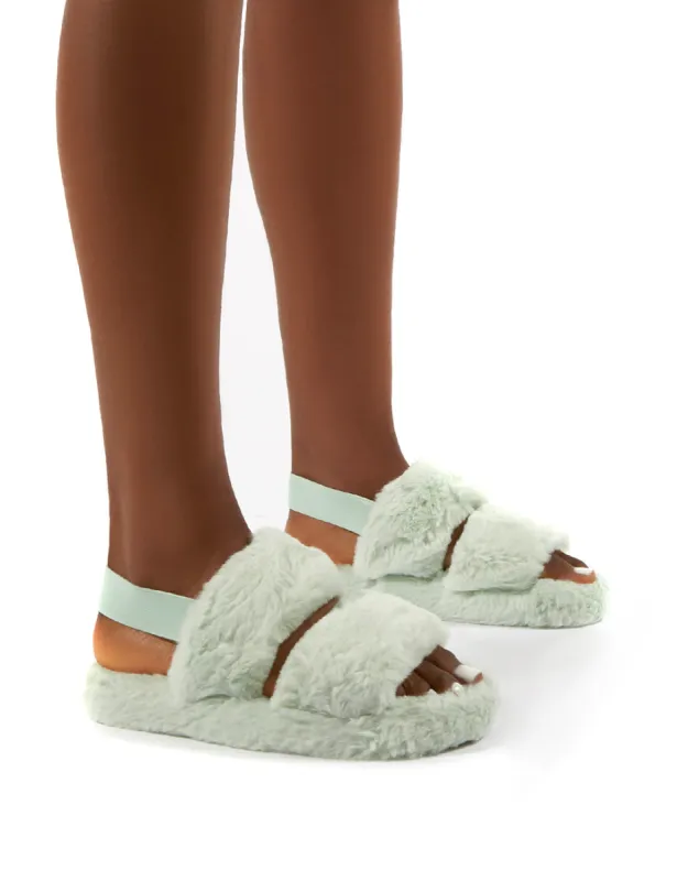 Lullaby Mint Fluffy Strap Back Slippers sold by Public Desire