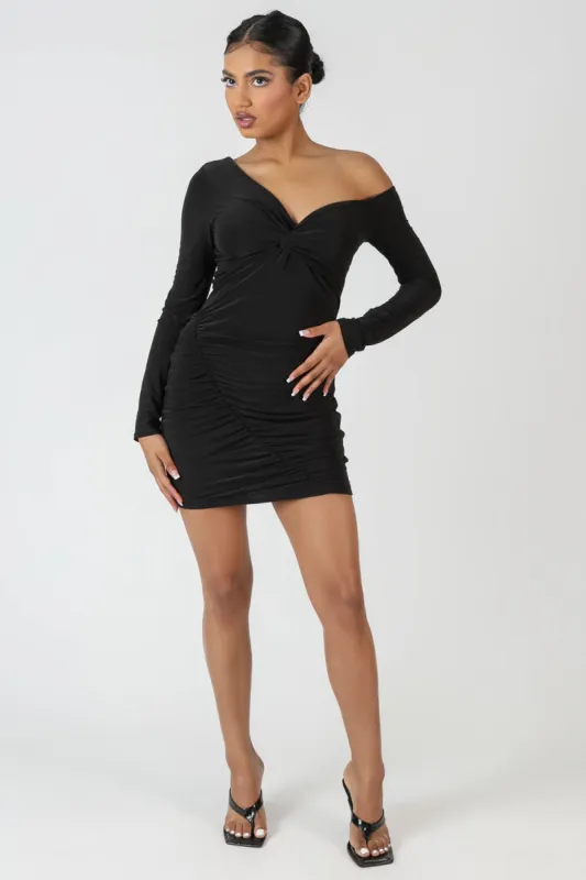 Twist Wrap Gather Long Sleeve Mini Dress Black sold by Public Desire