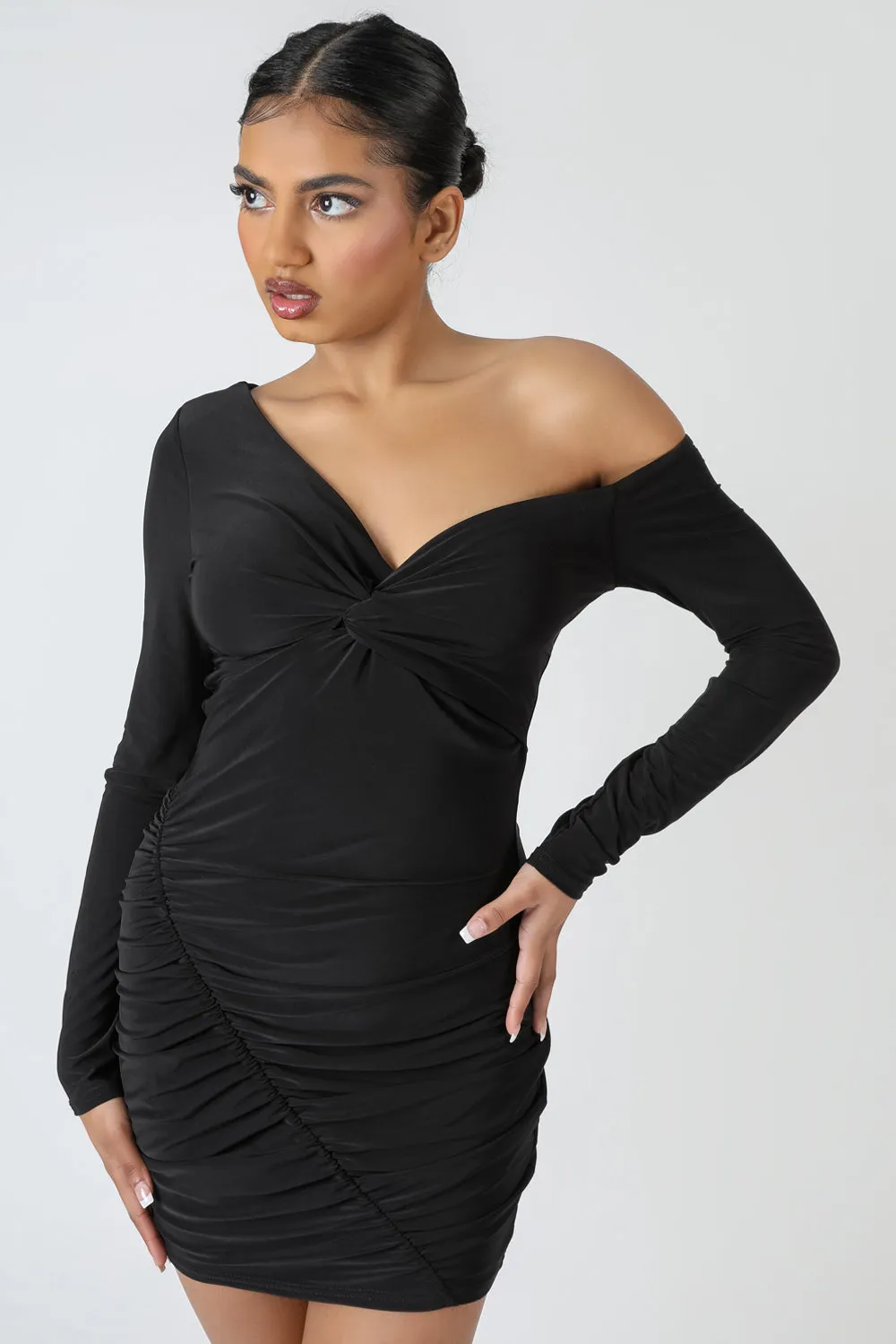 Twist Wrap Gather Long Sleeve Mini Dress Black sold by Public Desire product image thumbnail 3