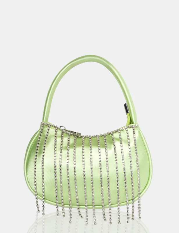 The Sia Soft Green Satin Diamante Trim Mini Bag sold by Public Desire