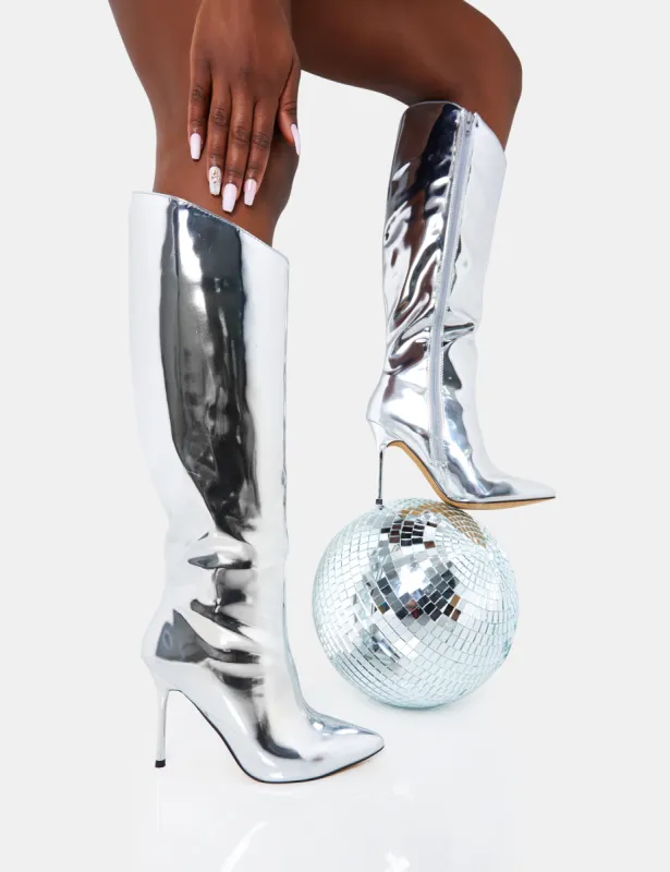 Falcon Silver Mirror Knee High Stiletto Boot sold by Public Desire
