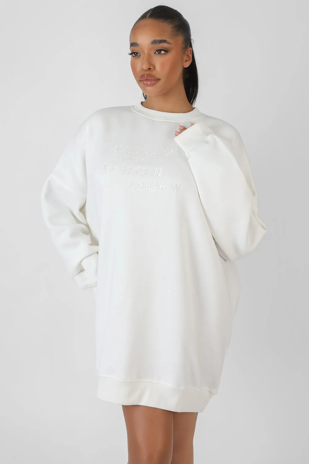 Oversized Embroidered Tonal Sweatshirt Dress Ecru sold by Public Desire product image thumbnail 4