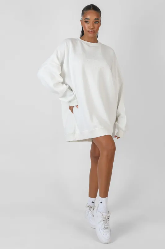 Oversized Embroidered Tonal Sweatshirt Dress Ecru made by Public Desire