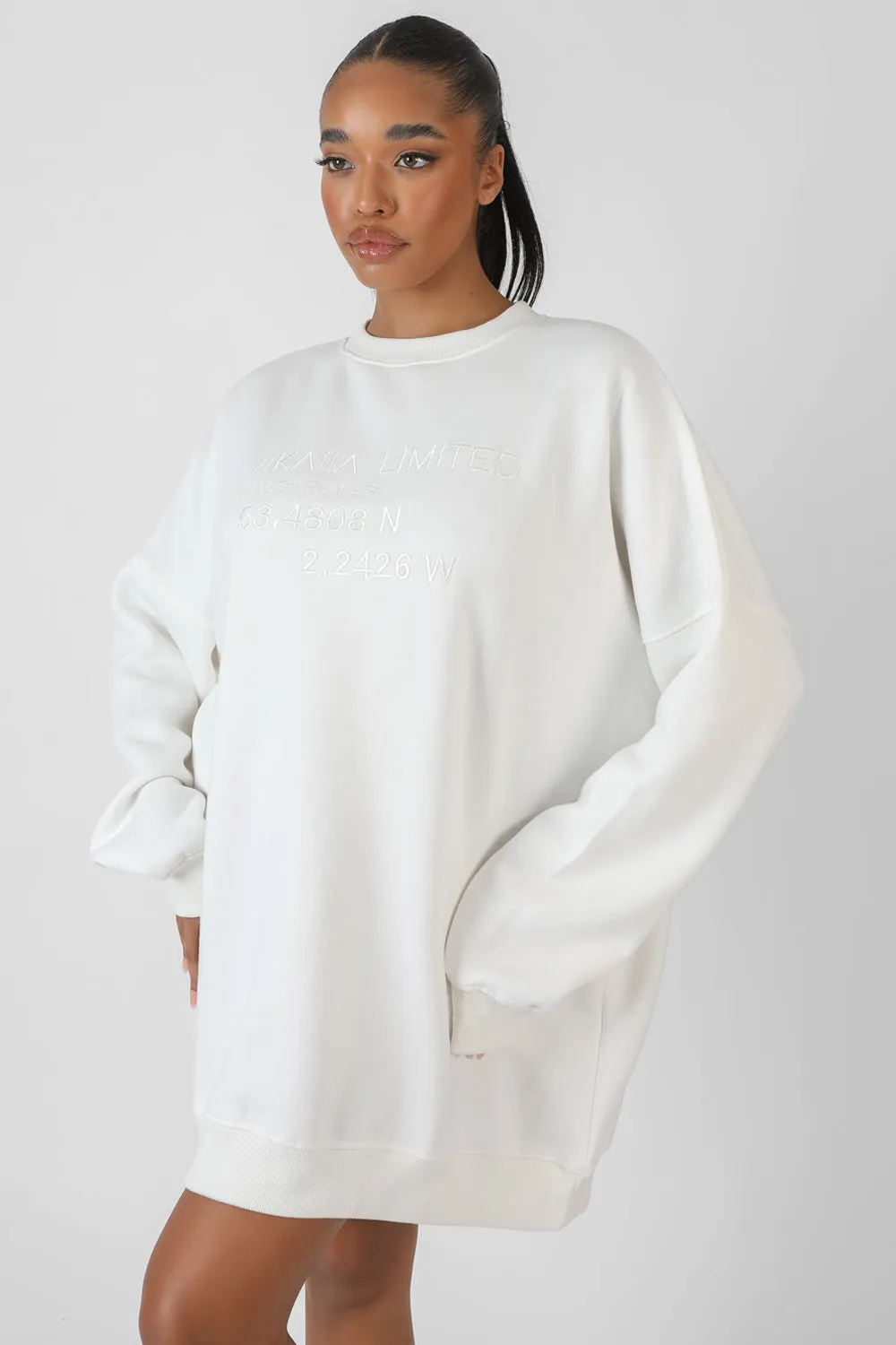 Oversized Embroidered Tonal Sweatshirt Dress Ecru sold by Public Desire product image thumbnail 2