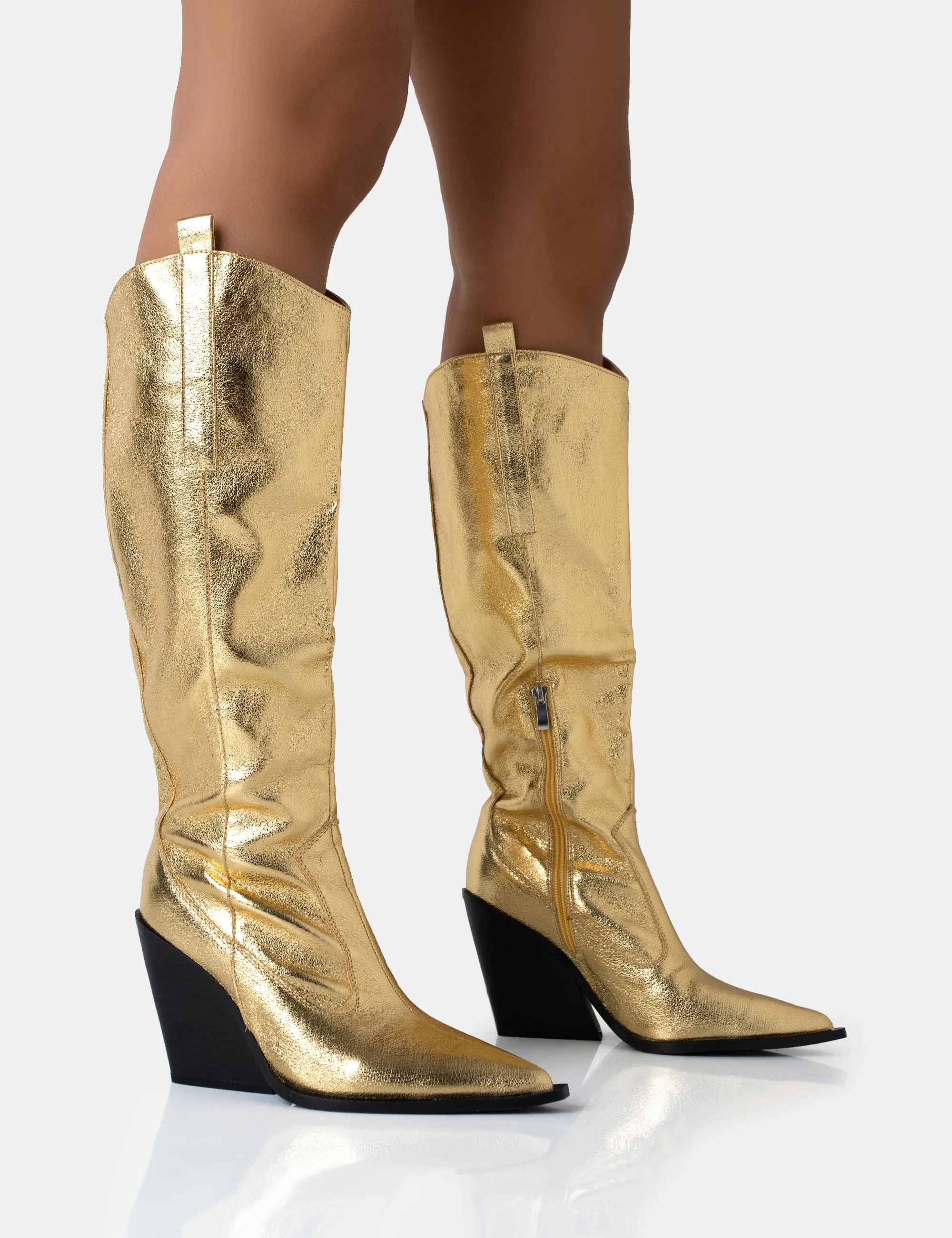 Nevada Gold Metallic Western Cowboy Block Heel Knee High Boots sold by Public Desire
