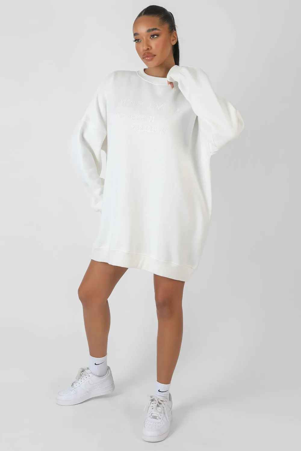 Oversized Embroidered Tonal Sweatshirt Dress Ecru sold by Public Desire product image thumbnail 3