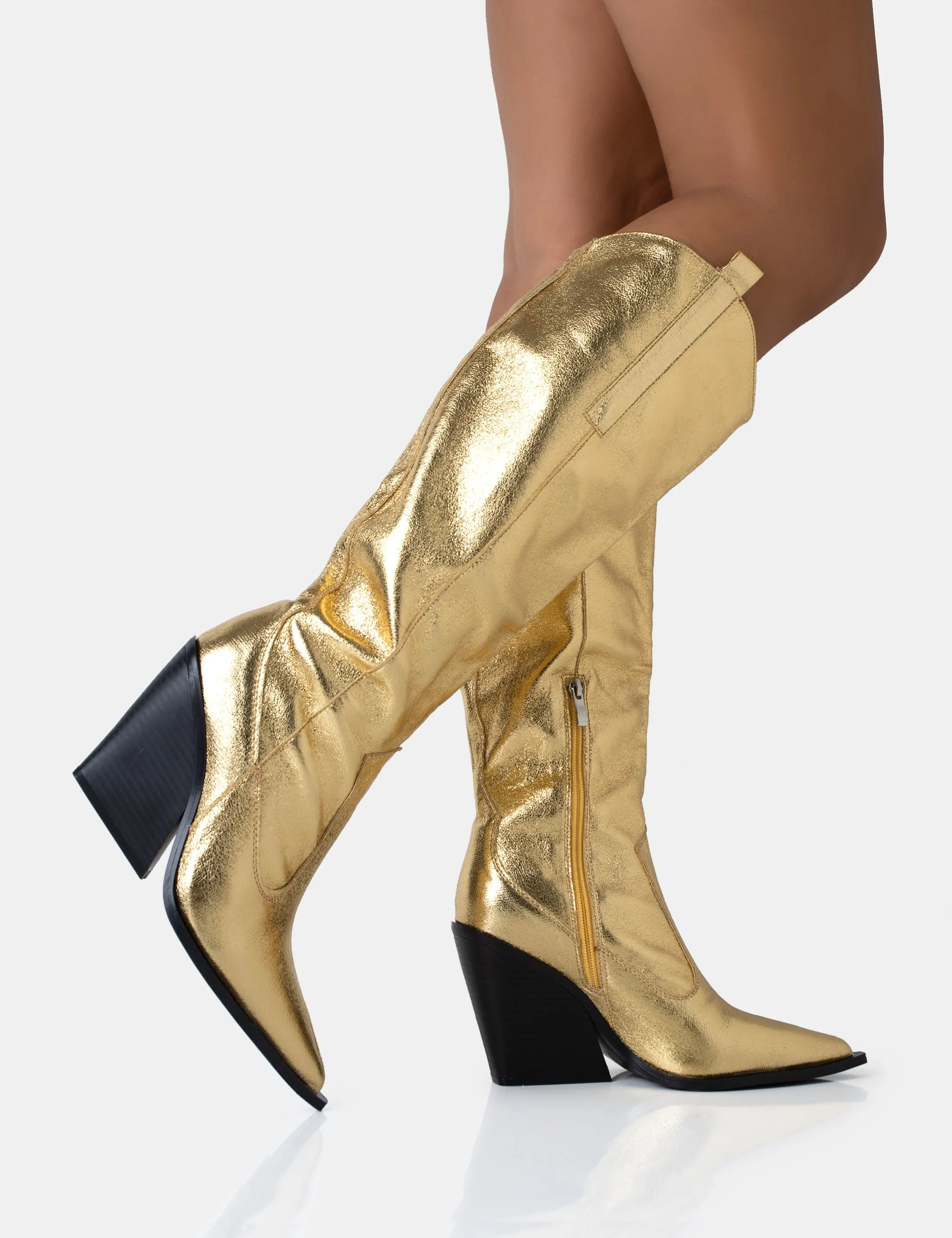 Nevada Gold Metallic Western Cowboy Block Heel Knee High Boots sold by Public Desire product image thumbnail 2