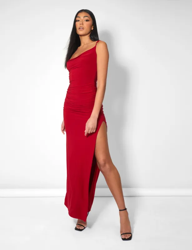 Cowl Neck Extreme Split Slinky Maxi Dress Red sold by Public Desire
