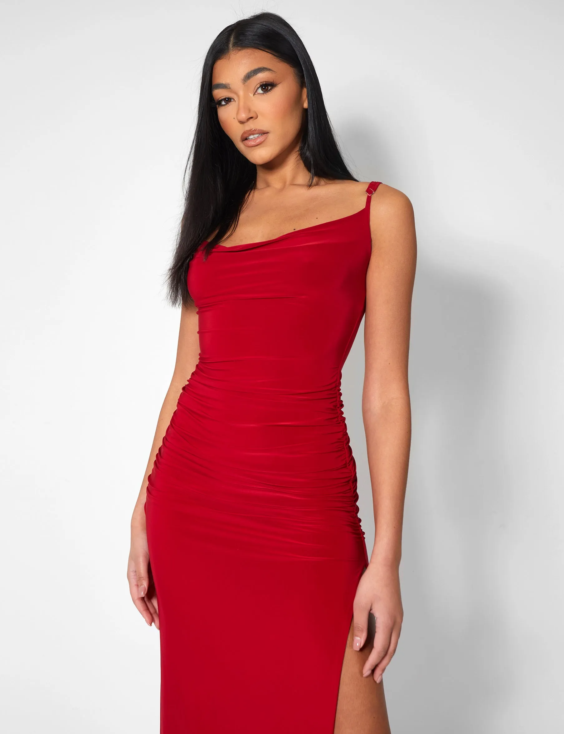 Cowl Neck Extreme Split Slinky Maxi Dress Red sold by Public Desire product image thumbnail 3