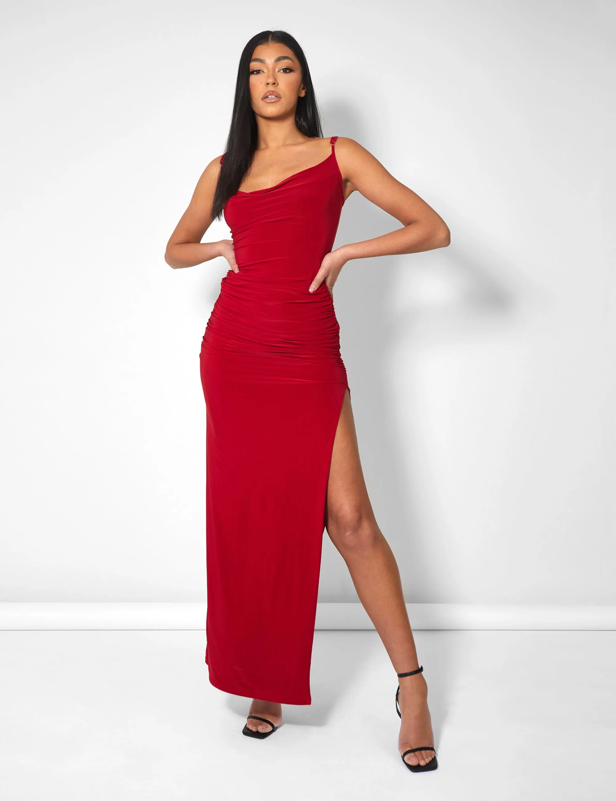 Cowl Neck Extreme Split Slinky Maxi Dress Red sold by Public Desire product image thumbnail 5