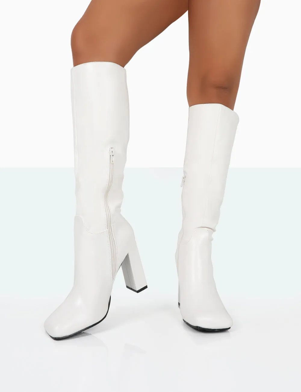 Gia Ecru Box PU Square Toe Block Heel Knee High Boots sold by Public Desire product image thumbnail 2