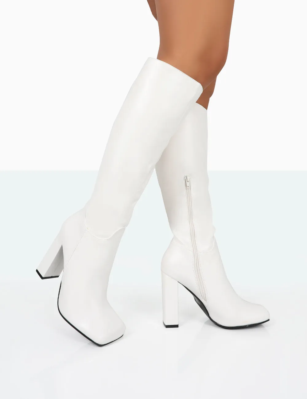 Gia Ecru Box PU Square Toe Block Heel Knee High Boots sold by Public Desire