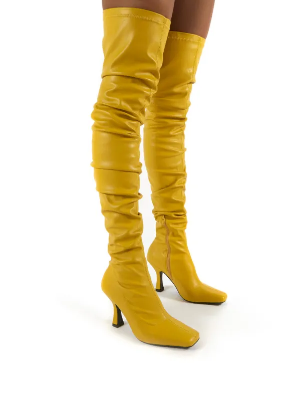 Outlaw Mustard Ruched Over The Knee Heeled Boots sold by Public Desire