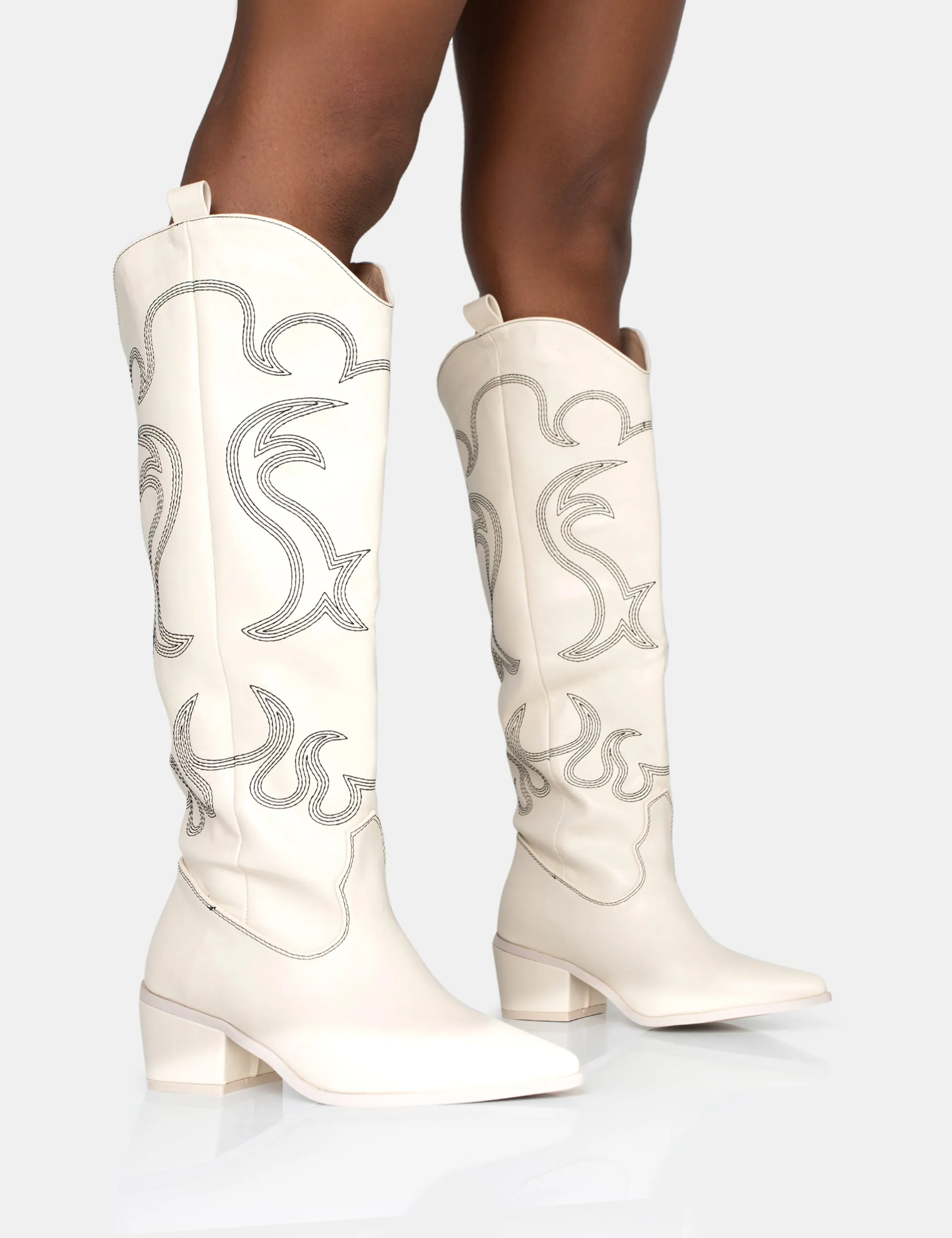 Cooper Ecru PU Western Embroidered Knee High Cowboy Boot sold by Public Desire