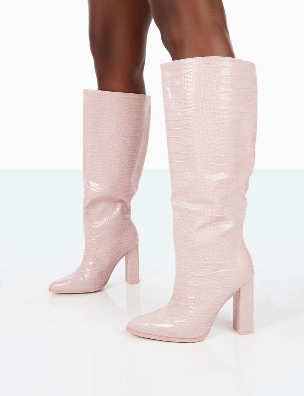 Posie Wide Fit Baby Pink Croc PU Knee High Block Heel Boots sold by Public Desire product image thumbnail 4