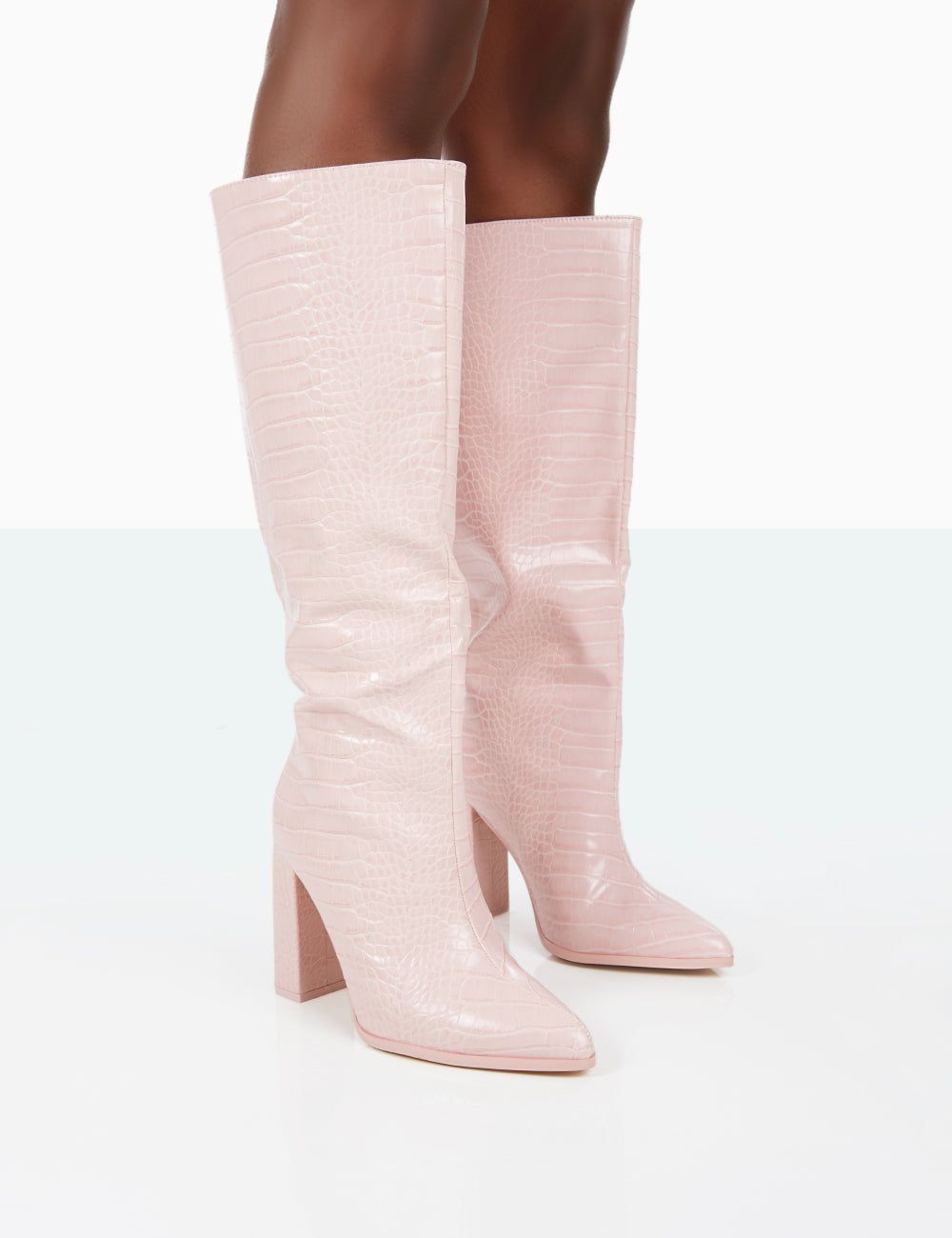 Posie Wide Fit Baby Pink Croc PU Knee High Block Heel Boots sold by Public Desire