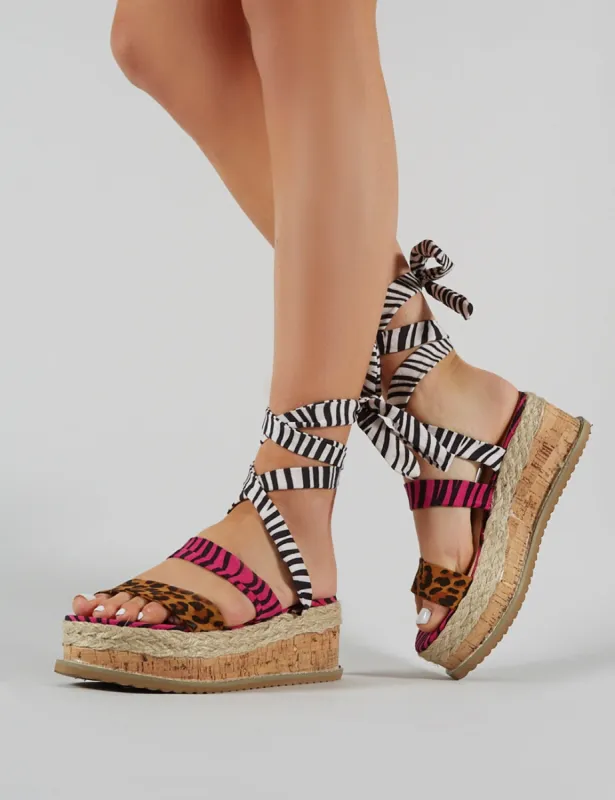 Presca Lace Up Sandals in Mixed Animal Print sold by Public Desire