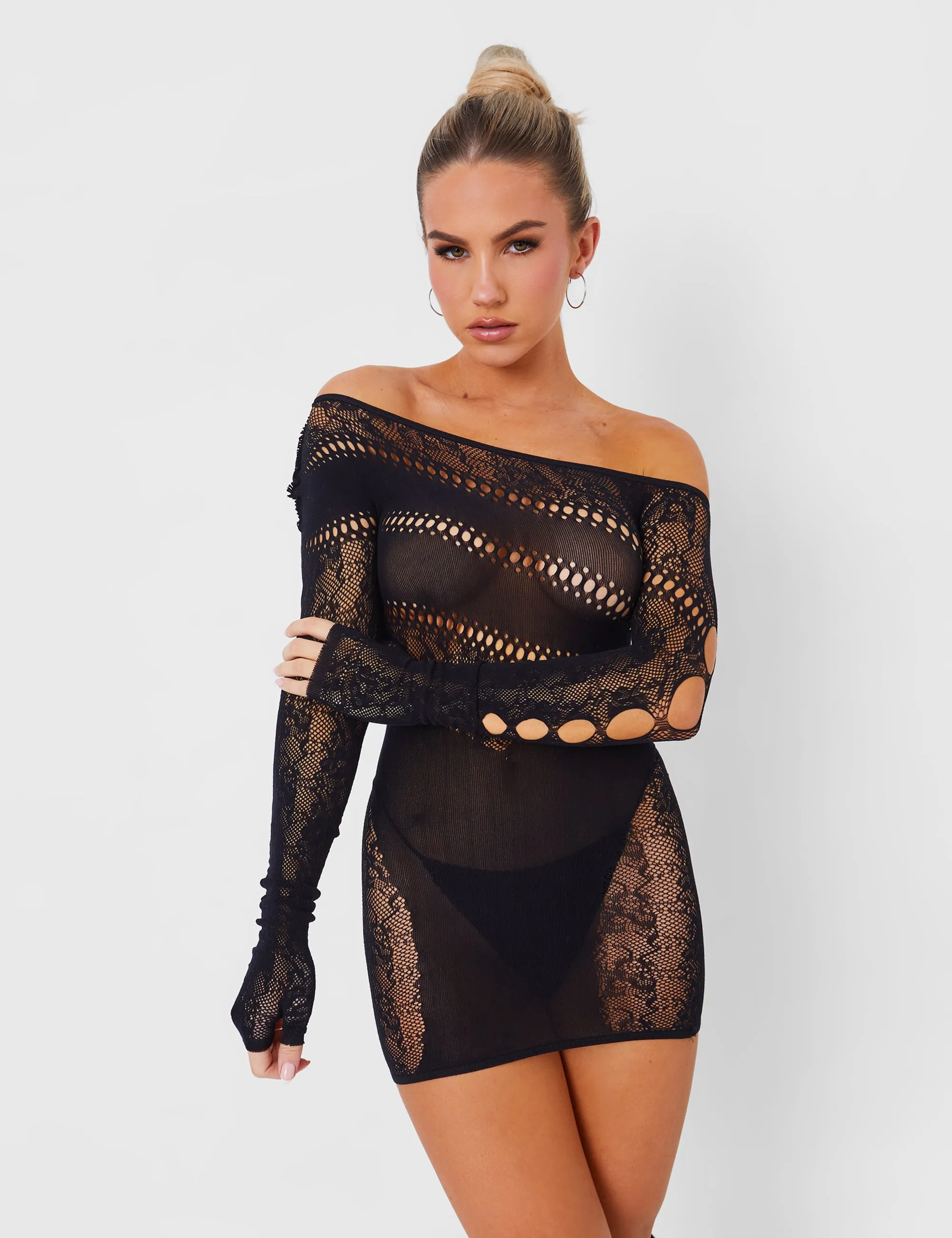 Mesh Lace Panel Off Shoulder Mini Dress Black sold by Public Desire