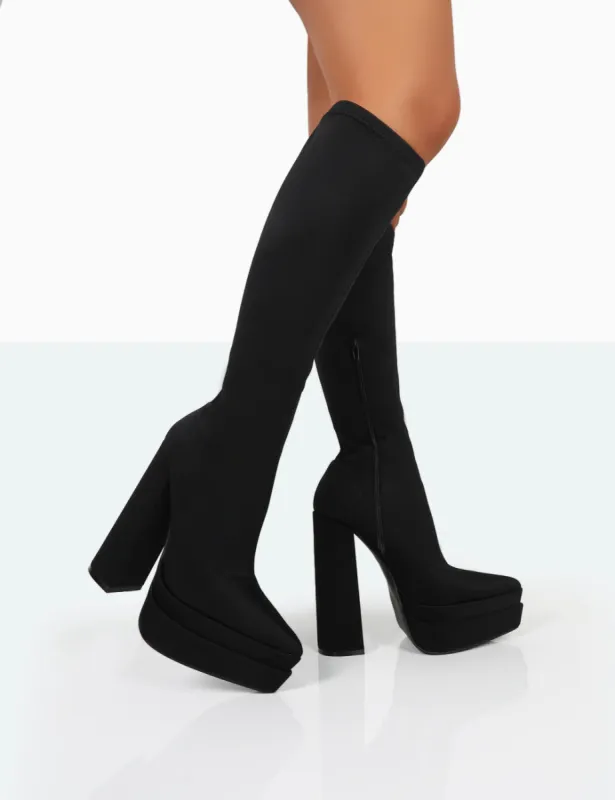 End Game Black Lycra Platform Pointed Toe Block Heel Knee High Boots sold by Public Desire