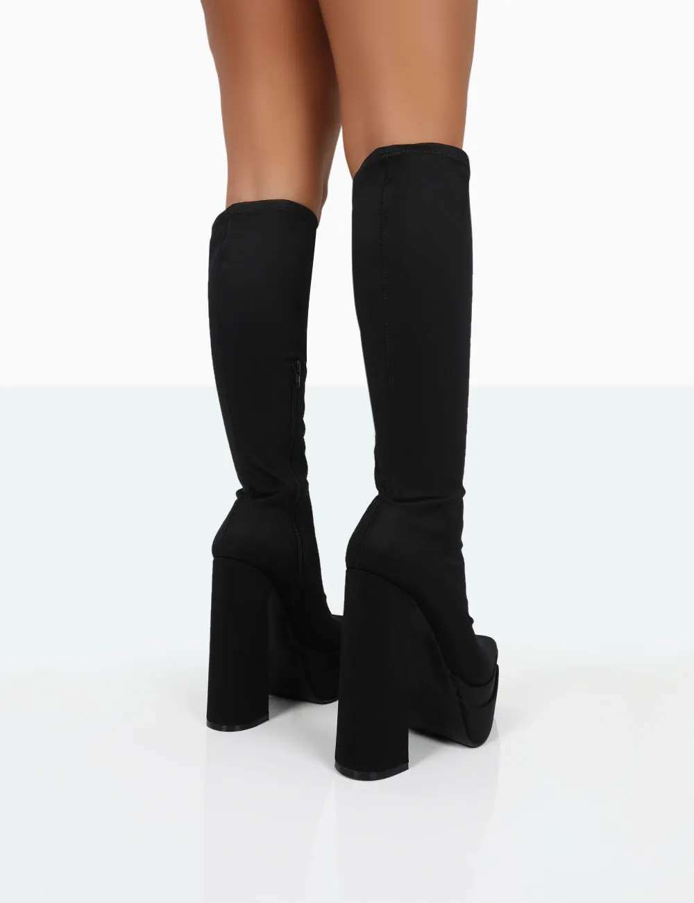 End Game Black Lycra Platform Pointed Toe Block Heel Knee High Boots sold by Public Desire product image thumbnail 4