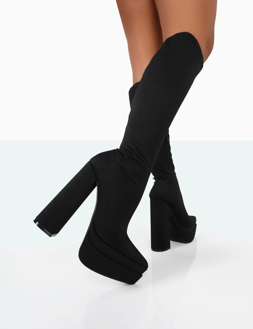 End Game Black Lycra Platform Pointed Toe Block Heel Knee High Boots sold by Public Desire product image thumbnail 2