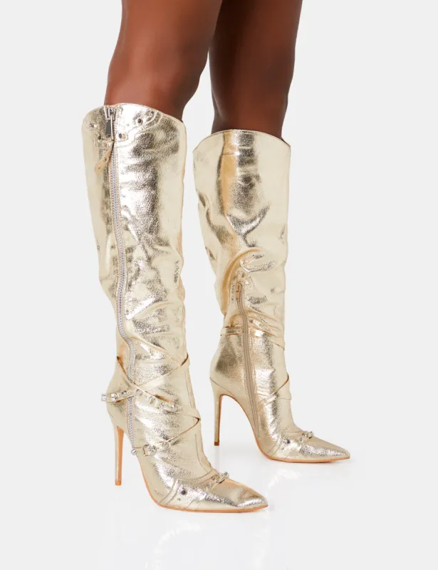 Worthy Metallic Gold Studded Zip Detail Stiletto Knee High Boots sold by Public Desire